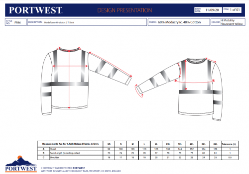 Tricou cu maneca lunga FR Hi-Vis, galben, regular, Modaflame, Portwest